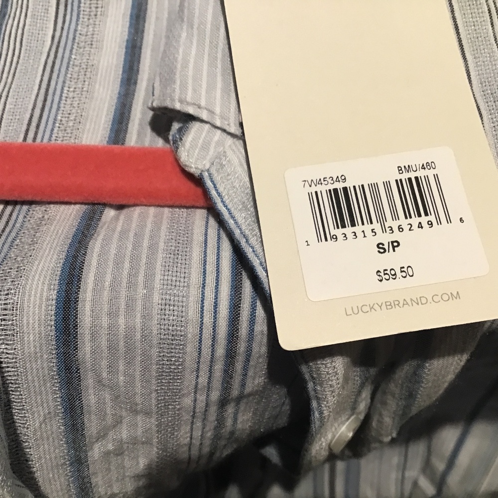 NWT Lucky Brand short sleeve blouse small blue, white & gray stripe